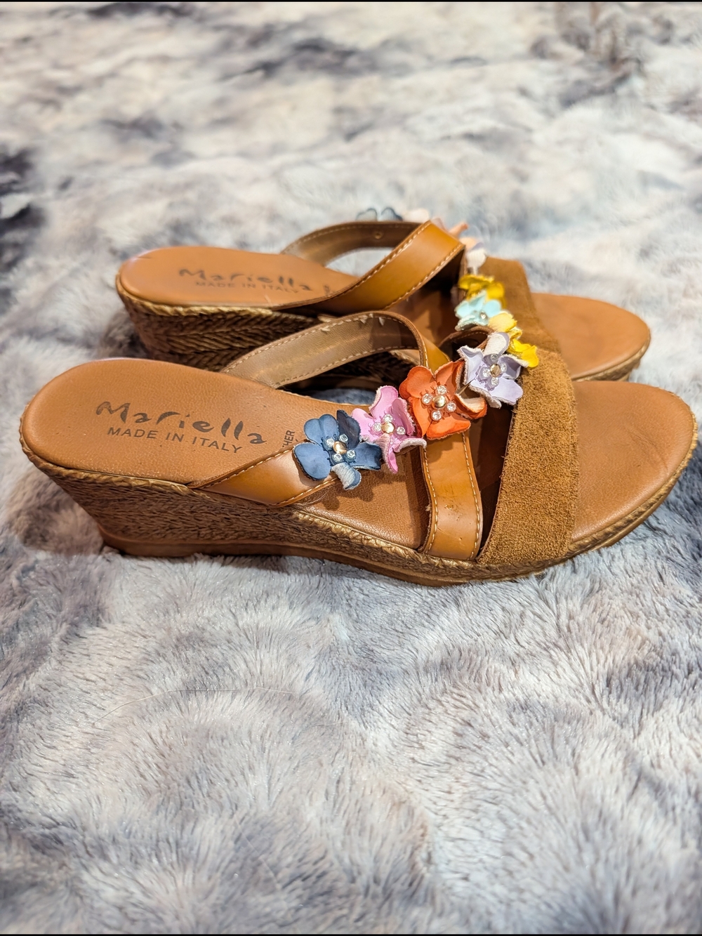 Mariella Brown Wedge Sandals with Colorful Floral Embellishments